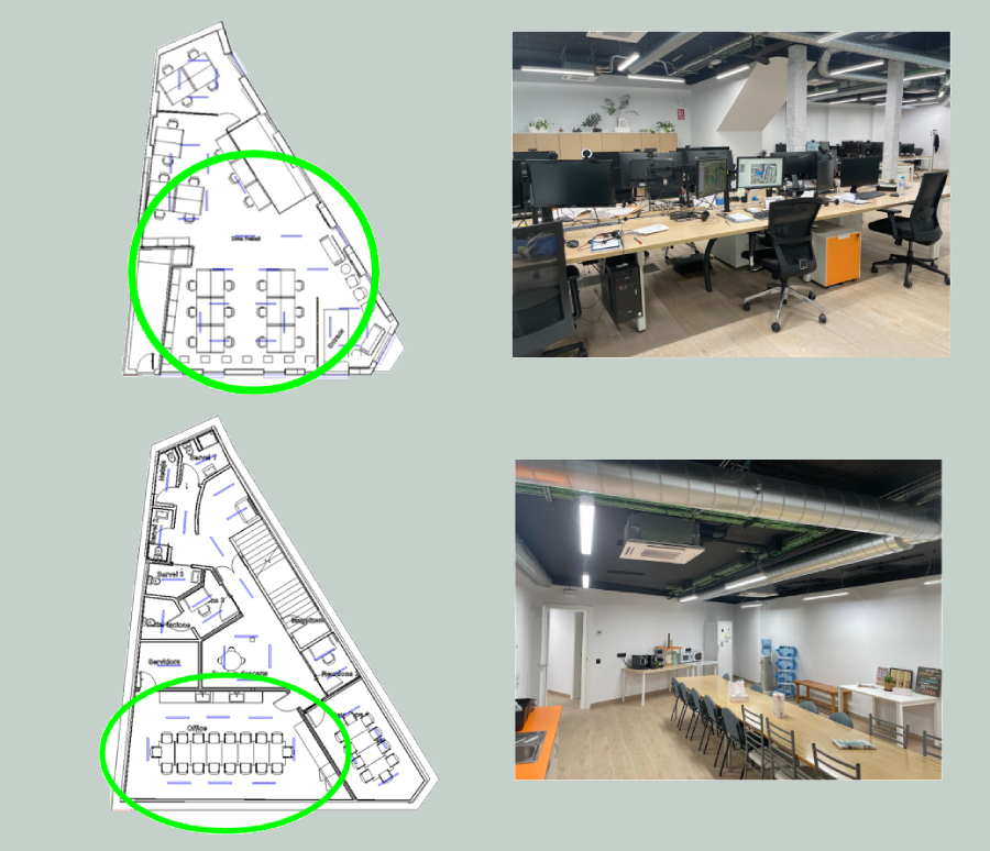 La imagen compara planos 2D con fotos de oficinas, mostrando una zona de trabajo abierta arriba y un área de reuniones/comedor abajo.