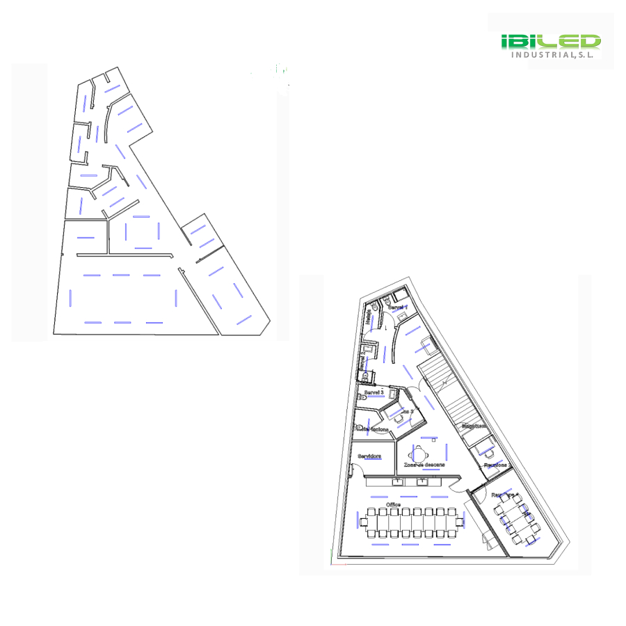 Dos planos 2D de un espacio irregular: el de la izquierda muestra disposición general; el de la derecha, un diseño detallado con áreas etiquetadas como "Office" y "Cocina/Descanso", incluyendo el logo "IBILED INDUSTRIAL, S.L.".